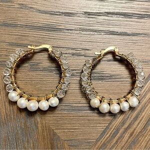 GOLD Plated Pearl And Crystal Hoops